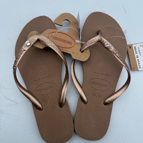Original HAVAIANAS SLIM with SWAROVSKI Crystal Flip Flops Rose gold Sz 6 - Picture 1 of 7